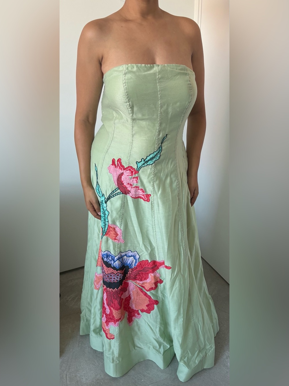 Strapless Mint Green Maxi Dress with Pink Floral Embroidery